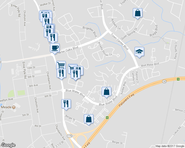 map of restaurants, bars, coffee shops, grocery stores, and more near 329 Timberbrook Court in Odenton