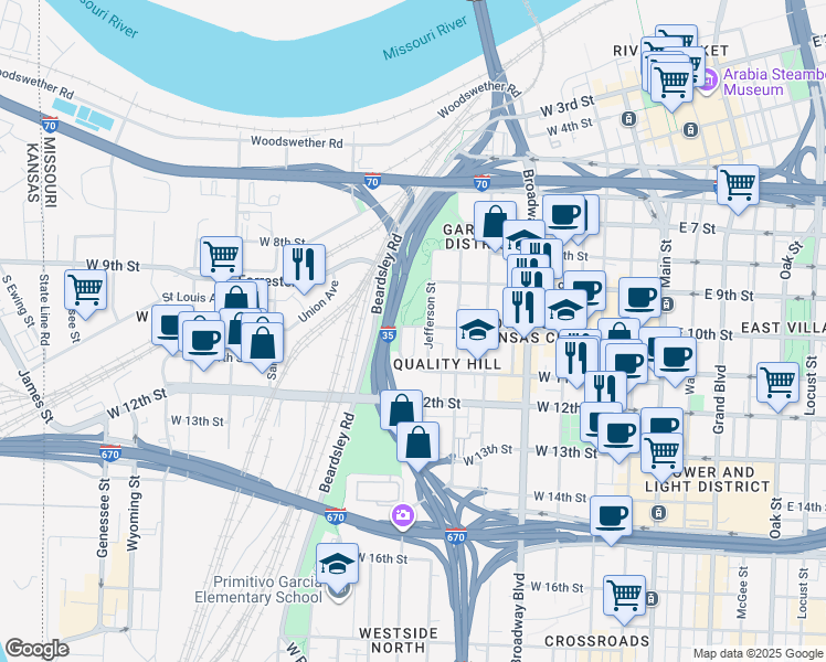 map of restaurants, bars, coffee shops, grocery stores, and more near 1050 Jefferson Street in Kansas City