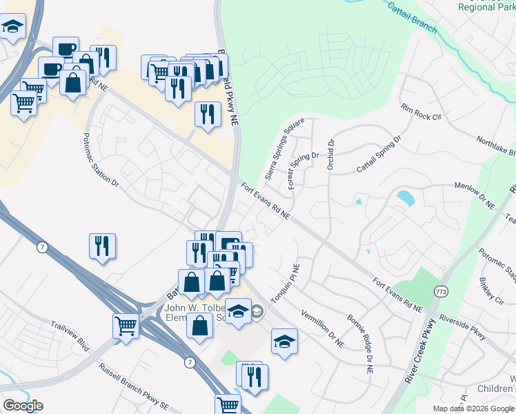 map of restaurants, bars, coffee shops, grocery stores, and more near 662 Fort Evans Road Northeast in Leesburg