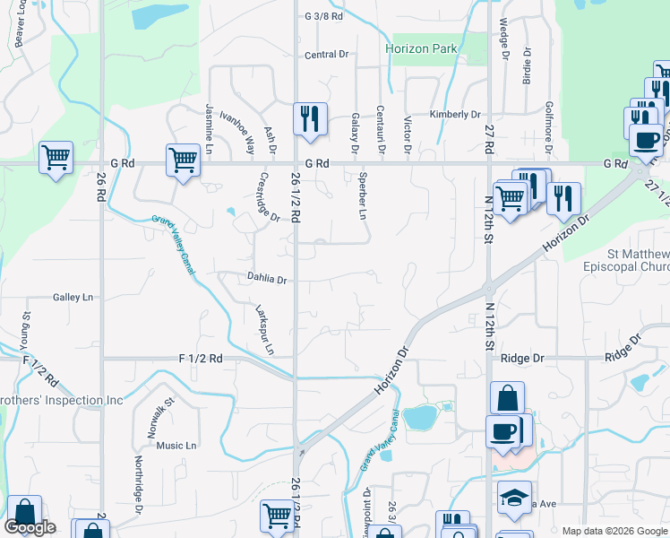 map of restaurants, bars, coffee shops, grocery stores, and more near 2667 Dahlia Court in Grand Junction