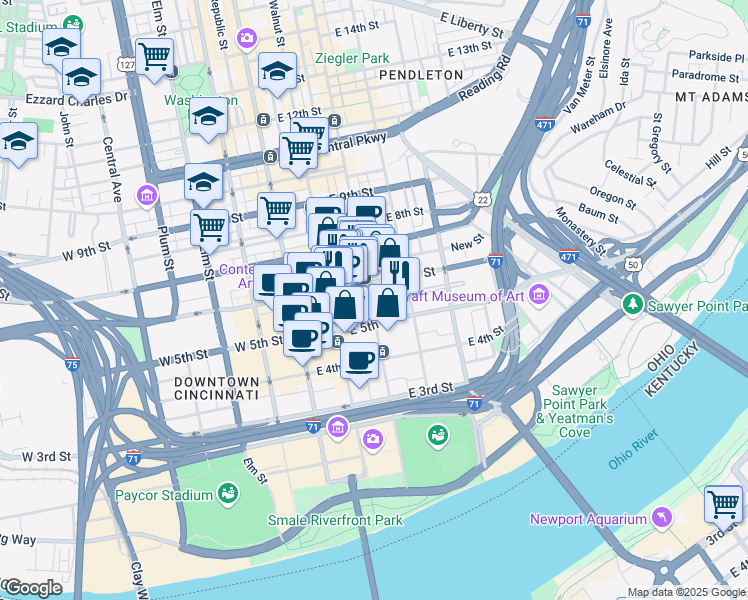 map of restaurants, bars, coffee shops, grocery stores, and more near 550 Main Street in Cincinnati