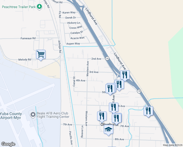 map of restaurants, bars, coffee shops, grocery stores, and more near 1644 3rd Avenue in Olivehurst