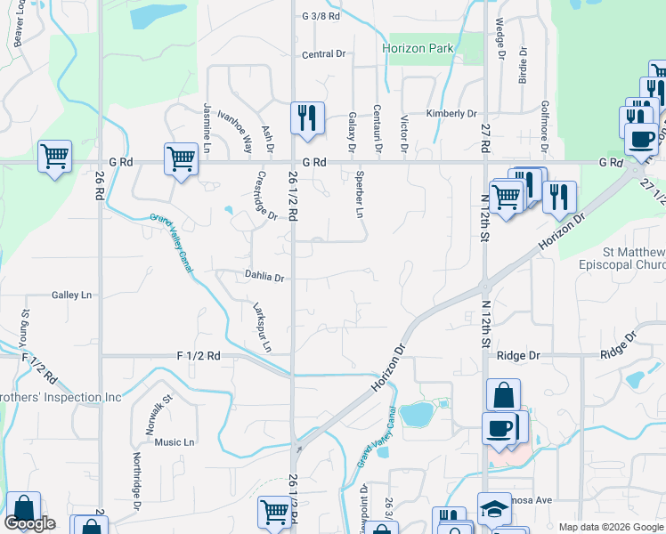 map of restaurants, bars, coffee shops, grocery stores, and more near 2667 Dahlia Court in Grand Junction