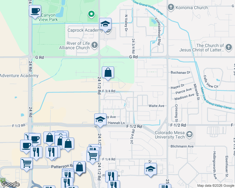 map of restaurants, bars, coffee shops, grocery stores, and more near 2460 Brookwillow Loop in Grand Junction