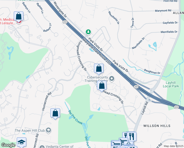 map of restaurants, bars, coffee shops, grocery stores, and more near 14909 Cleese Court in Silver Spring
