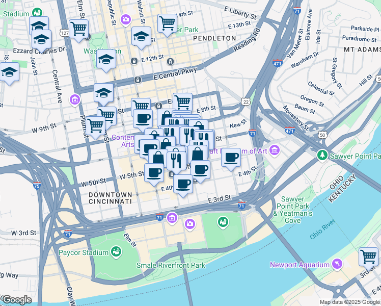 map of restaurants, bars, coffee shops, grocery stores, and more near 515 Main Street in Cincinnati