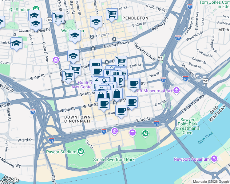 map of restaurants, bars, coffee shops, grocery stores, and more near 530 Walnut Street in Cincinnati