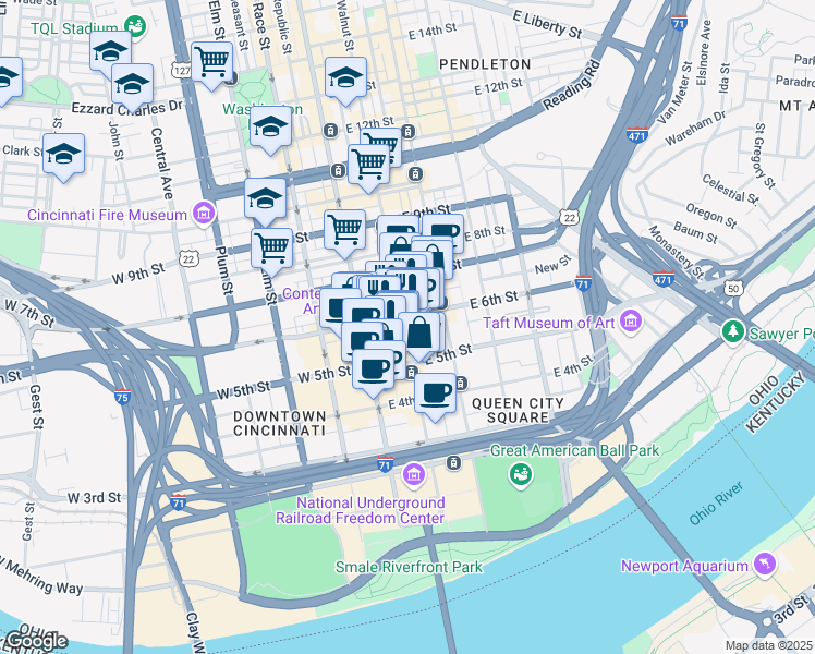 map of restaurants, bars, coffee shops, grocery stores, and more near 530 Walnut Street in Cincinnati