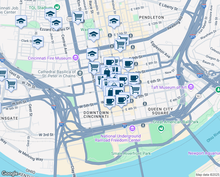 map of restaurants, bars, coffee shops, grocery stores, and more near 534 Race Street in Cincinnati