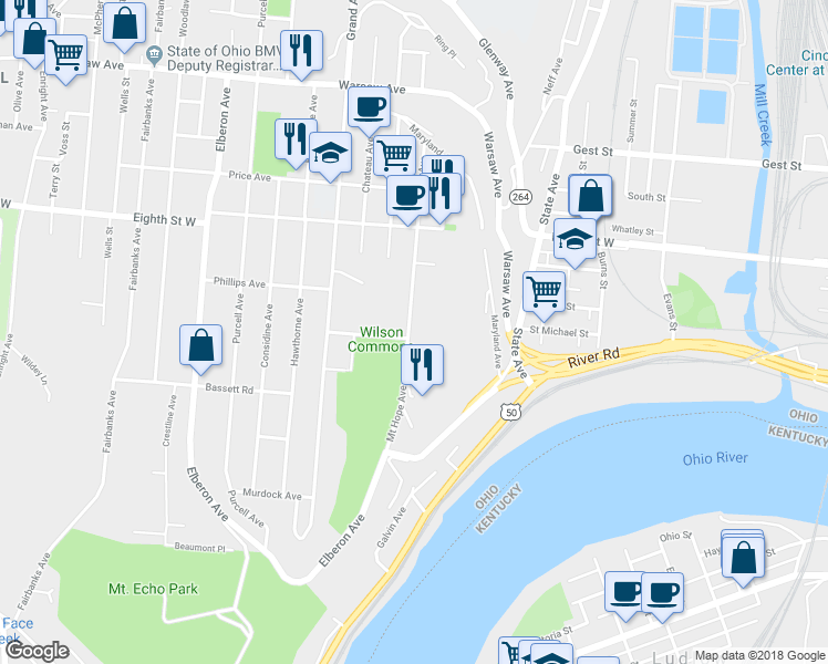 map of restaurants, bars, coffee shops, grocery stores, and more near 548 Mount Hope Avenue in Cincinnati