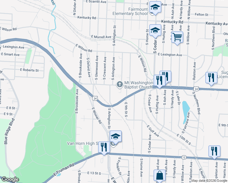map of restaurants, bars, coffee shops, grocery stores, and more near 628 South Arlington Street in Independence