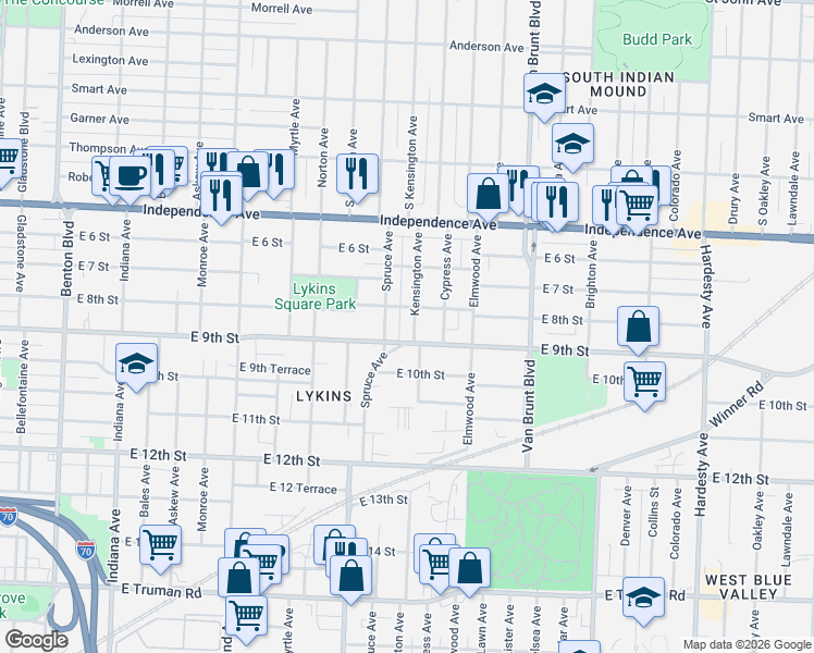 map of restaurants, bars, coffee shops, grocery stores, and more near 4300 East 9th Street in Kansas City