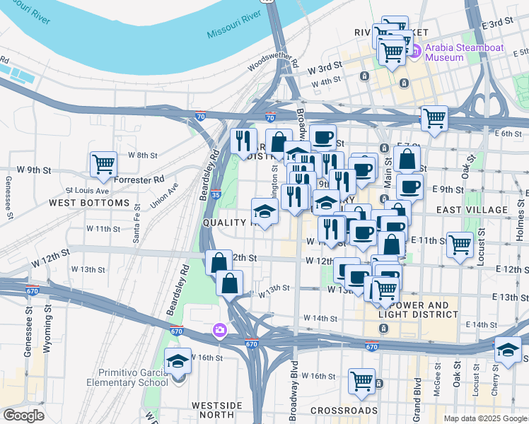 map of restaurants, bars, coffee shops, grocery stores, and more near 1080 Washington Street in Kansas City