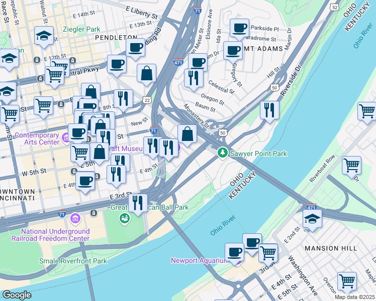 map of restaurants, bars, coffee shops, grocery stores, and more near 310 Culvert Street in Cincinnati