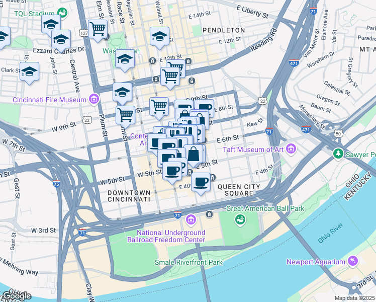 map of restaurants, bars, coffee shops, grocery stores, and more near 580 Walnut Street in Cincinnati