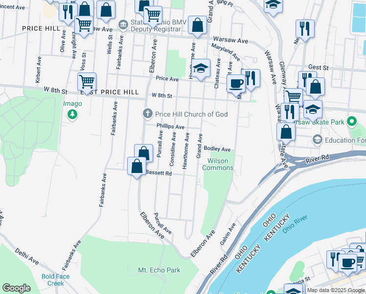 map of restaurants, bars, coffee shops, grocery stores, and more near 651 Hawthorne Avenue in Cincinnati
