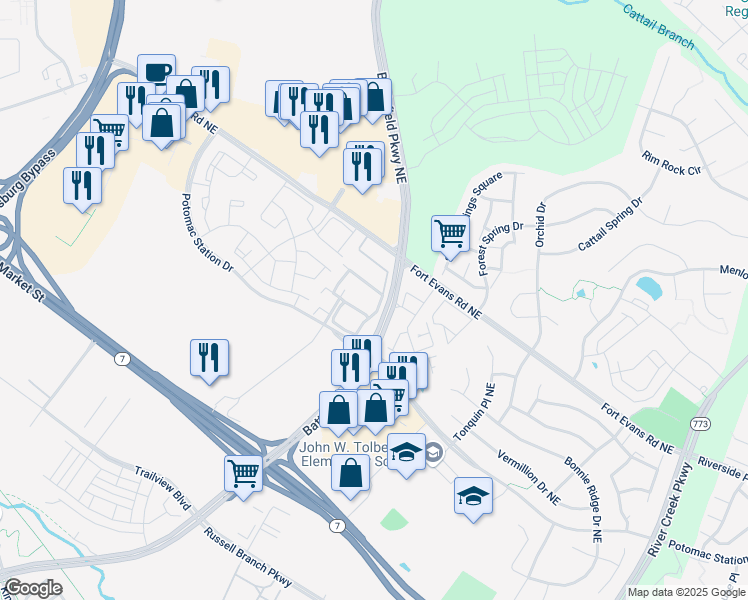 map of restaurants, bars, coffee shops, grocery stores, and more near 535 Edmonton Terrace Northeast in Leesburg