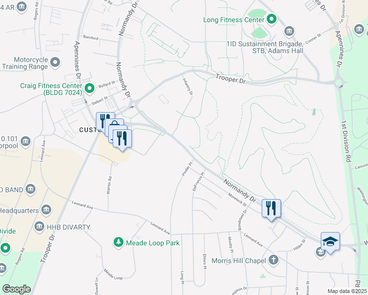 map of restaurants, bars, coffee shops, grocery stores, and more near Normandy Drive in Fort Riley