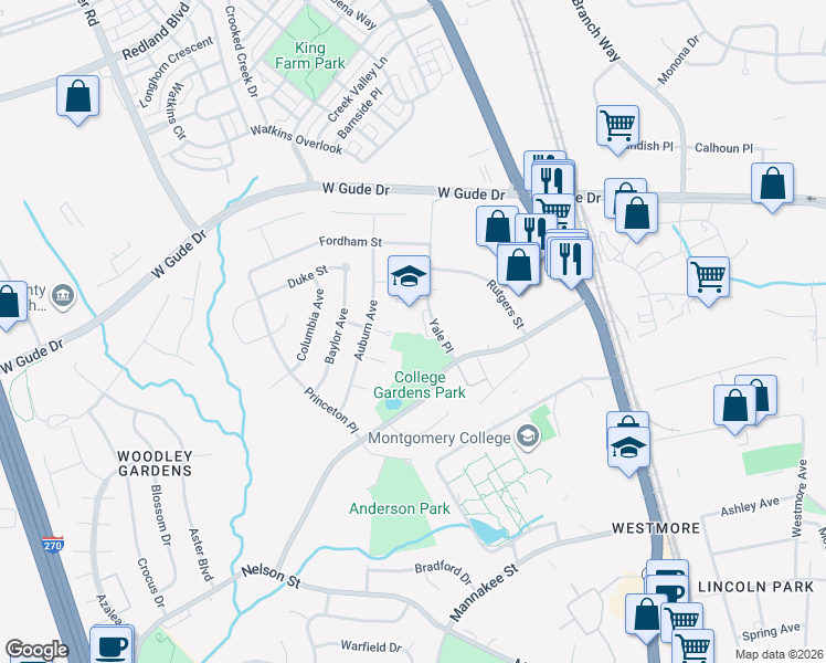 map of restaurants, bars, coffee shops, grocery stores, and more near 1700 Yale Place in Rockville