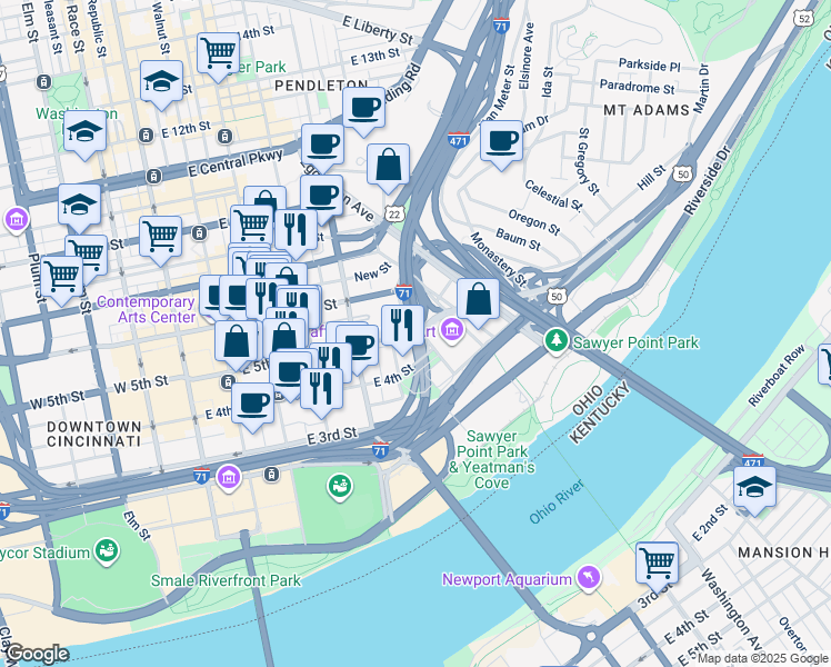map of restaurants, bars, coffee shops, grocery stores, and more near 320 East 5th Street in Cincinnati