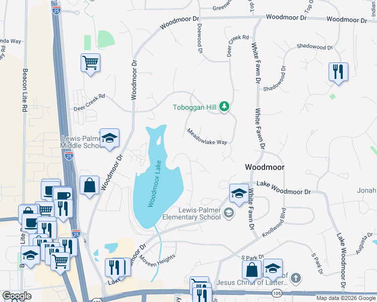 map of restaurants, bars, coffee shops, grocery stores, and more near 18610 Lower Lake Road in Monument