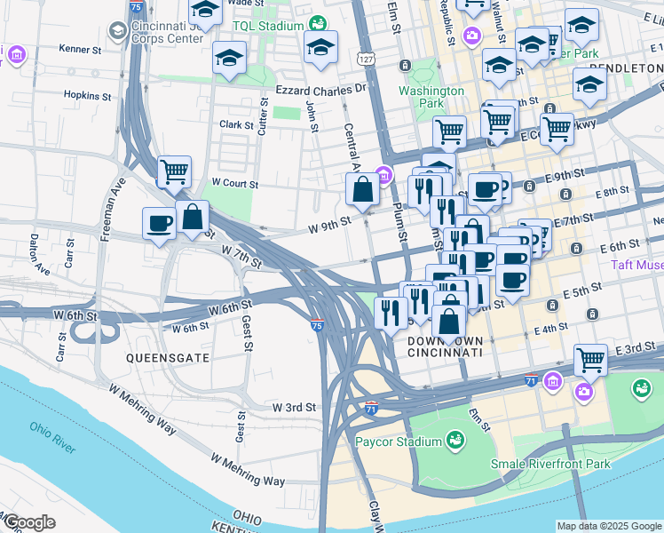 map of restaurants, bars, coffee shops, grocery stores, and more near 500 West 7th Street in Cincinnati