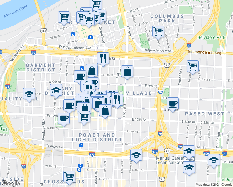 map of restaurants, bars, coffee shops, grocery stores, and more near Oak Street in Kansas City
