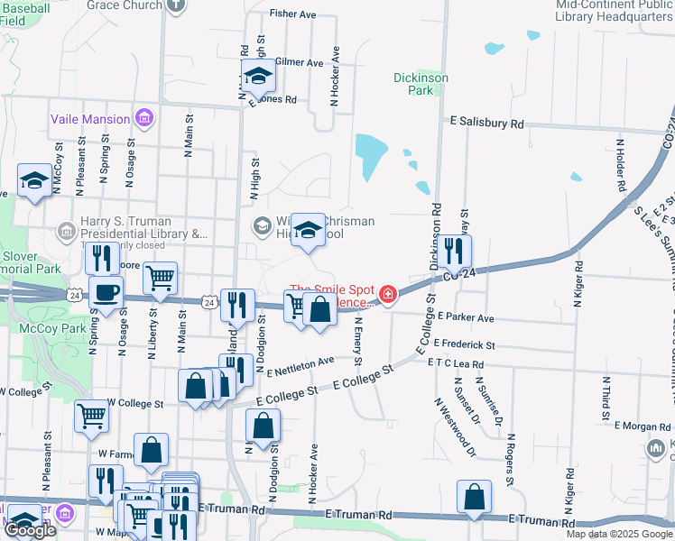 map of restaurants, bars, coffee shops, grocery stores, and more near in Independence