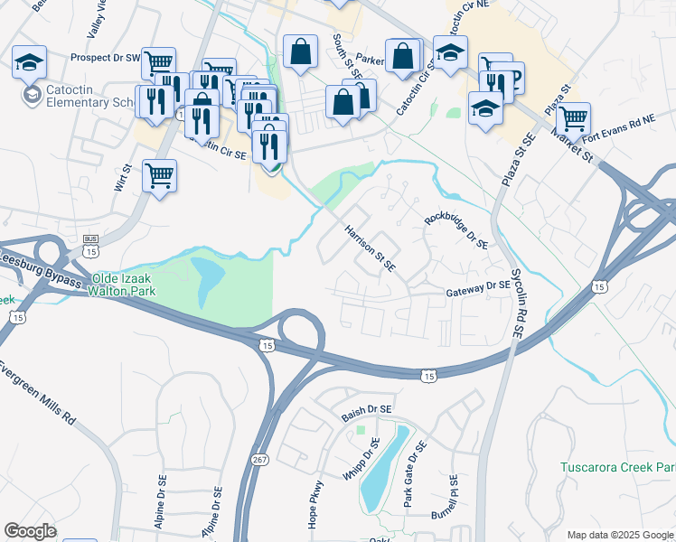 map of restaurants, bars, coffee shops, grocery stores, and more near 662 Gateway Drive Southeast in Leesburg