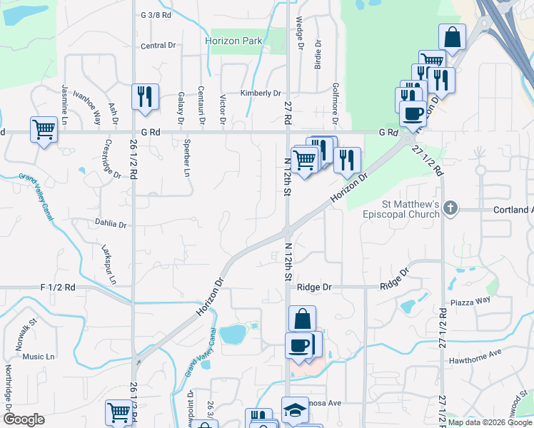 map of restaurants, bars, coffee shops, grocery stores, and more near 645-649 Horizon Drive in Grand Junction