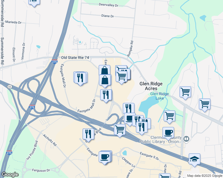 map of restaurants, bars, coffee shops, grocery stores, and more near 4585 Eastgate Boulevard in Cincinnati