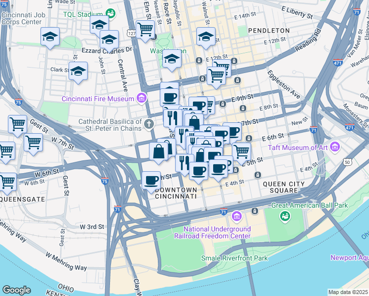 map of restaurants, bars, coffee shops, grocery stores, and more near in Cincinnati