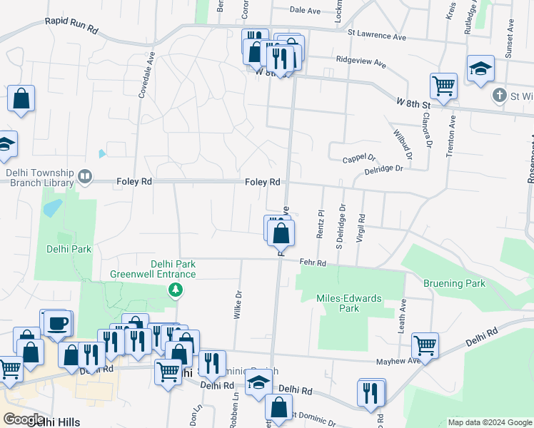 map of restaurants, bars, coffee shops, grocery stores, and more near 4616 Shadylawn Terrace in Cincinnati