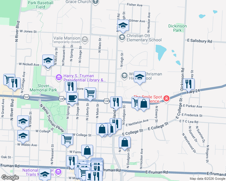 map of restaurants, bars, coffee shops, grocery stores, and more near 1020 North Noland Road in Independence