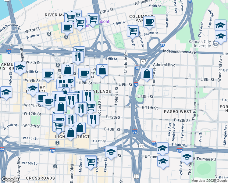 map of restaurants, bars, coffee shops, grocery stores, and more near 703 East 10th Street in Kansas City