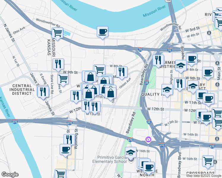 map of restaurants, bars, coffee shops, grocery stores, and more near 1215 Union Avenue in Kansas City