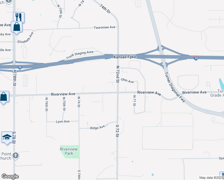 map of restaurants, bars, coffee shops, grocery stores, and more near 148 North 72nd Street in Kansas City