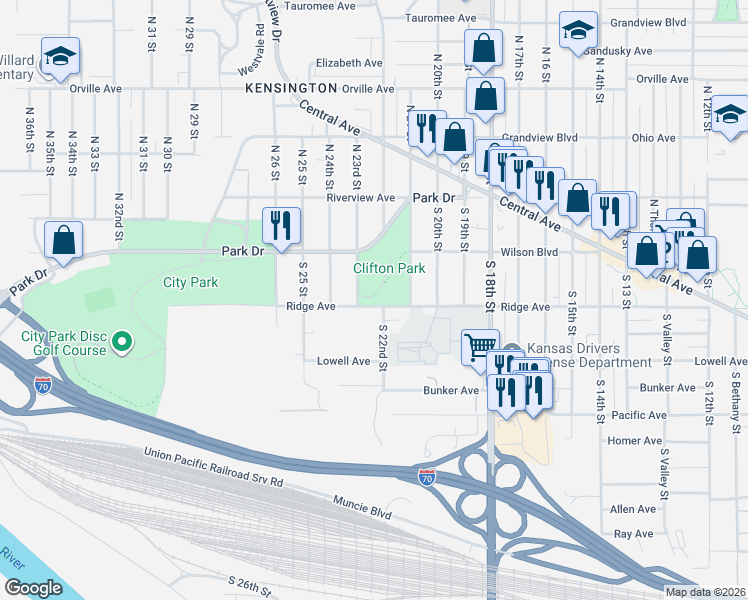 map of restaurants, bars, coffee shops, grocery stores, and more near 2100 Ridge Avenue in Kansas City