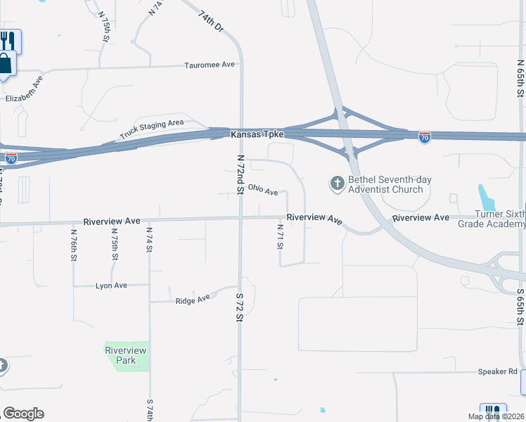 map of restaurants, bars, coffee shops, grocery stores, and more near 7135 Riverview Avenue in Kansas City