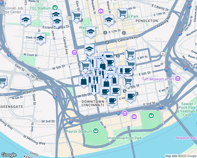 map of restaurants, bars, coffee shops, grocery stores, and more near 111 Shillito Place in Cincinnati