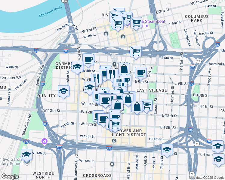 map of restaurants, bars, coffee shops, grocery stores, and more near 21 West 10th Street in Kansas City