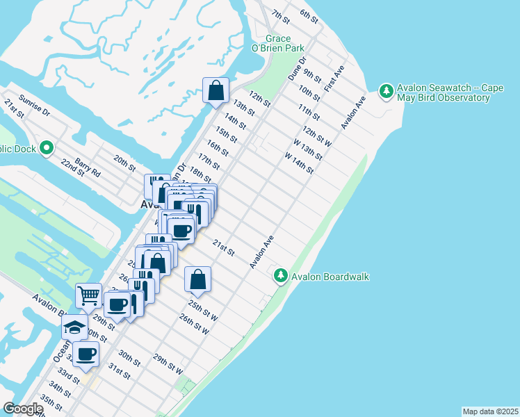 map of restaurants, bars, coffee shops, grocery stores, and more near 46 18th Street in Ocean City