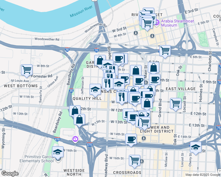 map of restaurants, bars, coffee shops, grocery stores, and more near 1010 Broadway Boulevard in Kansas City