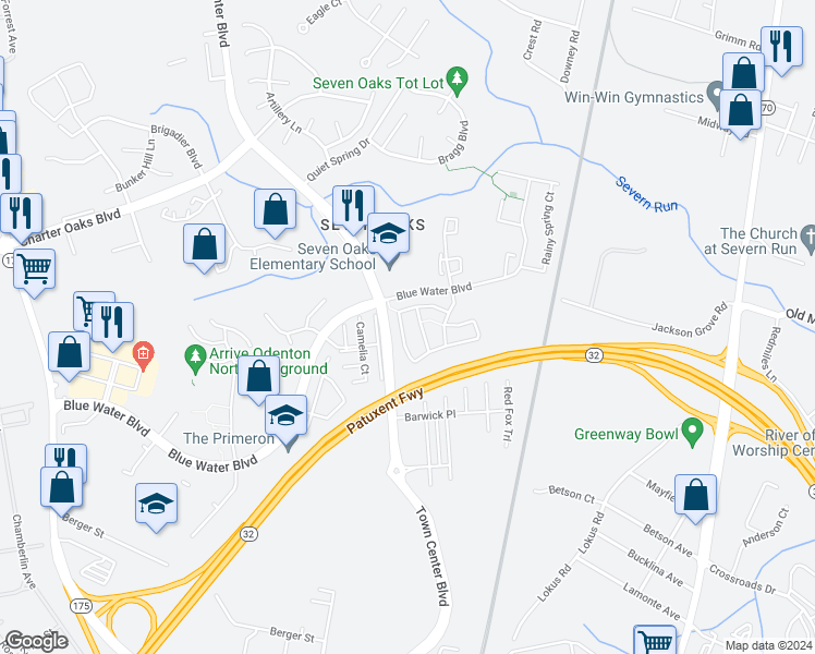 map of restaurants, bars, coffee shops, grocery stores, and more near 1841 Scaffold Way in Odenton