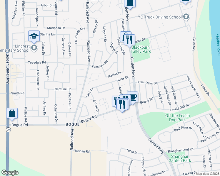 map of restaurants, bars, coffee shops, grocery stores, and more near 1654 Southpointe Drive in Yuba City