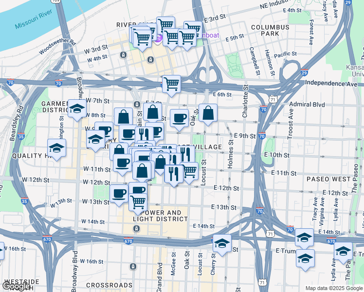 map of restaurants, bars, coffee shops, grocery stores, and more near 1002 McGee Street in Kansas City