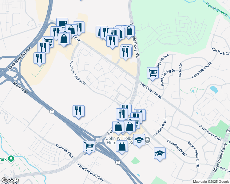map of restaurants, bars, coffee shops, grocery stores, and more near 505 Macarthur Terrace Northeast in Leesburg