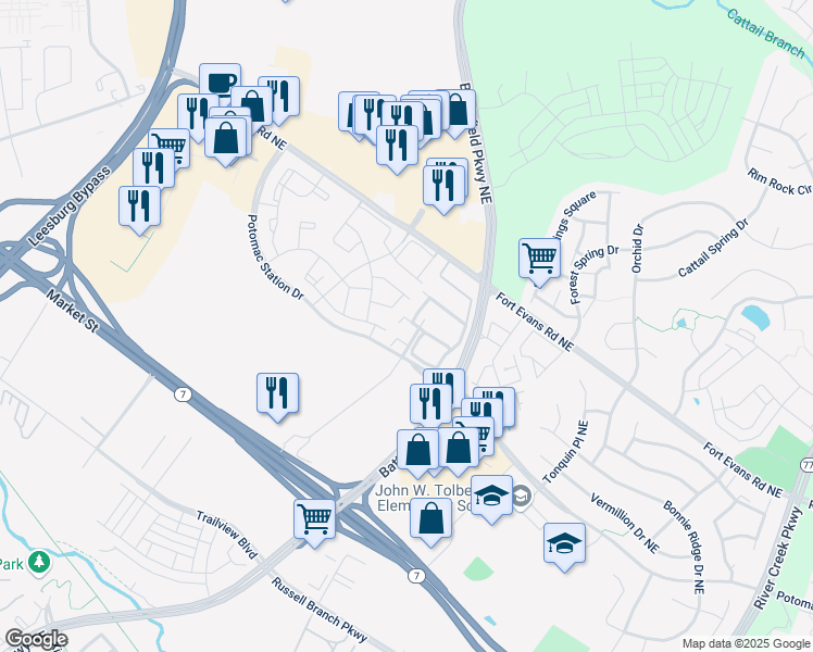 map of restaurants, bars, coffee shops, grocery stores, and more near 505 Mcarthur Terrace Northeast in Leesburg