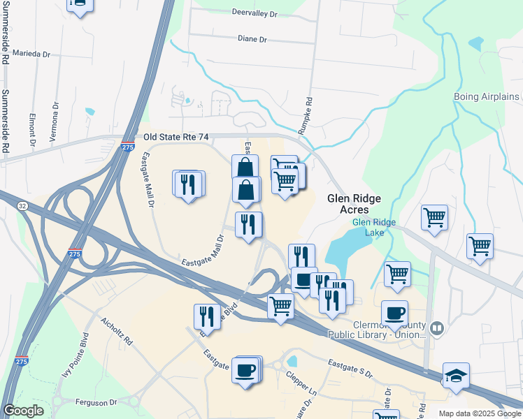 map of restaurants, bars, coffee shops, grocery stores, and more near 4607 Eastgate Boulevard in Cincinnati