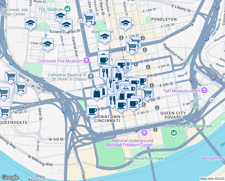 map of restaurants, bars, coffee shops, grocery stores, and more near 111 Shillito Place in Cincinnati